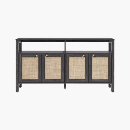 Meuble TV en rotin SICOTAS pour téléviseurs de 65 pouces, centre de divertissement de 29,5 pouces de hauteur avec 4 portes et étagères réglables, meuble console multimédia Boho avec rangement et étagères ouvertes pour salon, chêne blanc crème-WM 