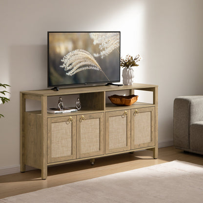 Meuble TV en rotin SICOTAS pour téléviseurs de 65 pouces, centre de divertissement de 29,5 pouces de hauteur avec 4 portes et étagères réglables, meuble console multimédia Boho avec rangement et étagères ouvertes pour salon, chêne blanc crème-WM 