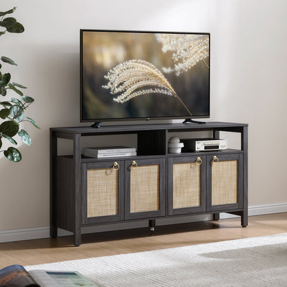 Meuble TV en rotin SICOTAS pour téléviseurs de 65 pouces, centre de divertissement de 29,5 pouces de hauteur avec 4 portes et étagères réglables, meuble console multimédia Boho avec rangement et étagères ouvertes pour salon, chêne blanc crème-WM 