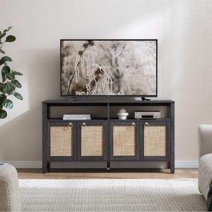 Meuble TV en rotin SICOTAS pour téléviseurs de 65 pouces, centre de divertissement de 29,5 pouces de hauteur avec 4 portes et étagères réglables, meuble console multimédia Boho avec rangement et étagères ouvertes pour salon, chêne blanc crème-WM 