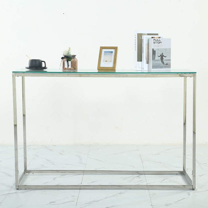 Table d'entrée avec cadre en métal chromé et plateau en verre