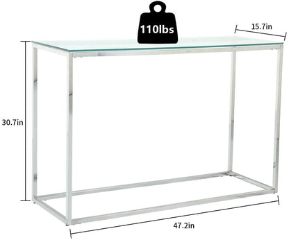 Table d'entrée avec cadre en métal chromé et plateau en verre
