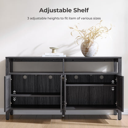 Meuble TV en rotin SICOTAS pour téléviseurs de 65 pouces, centre de divertissement de 29,5 pouces de hauteur avec 4 portes et étagères réglables, meuble console multimédia Boho avec rangement et étagères ouvertes pour salon, chêne blanc crème-WM 