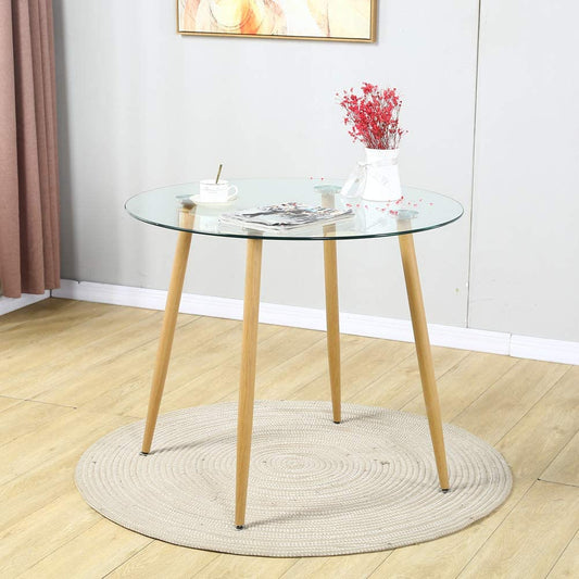 Table à manger ronde avec plateau en verre et pieds en métal