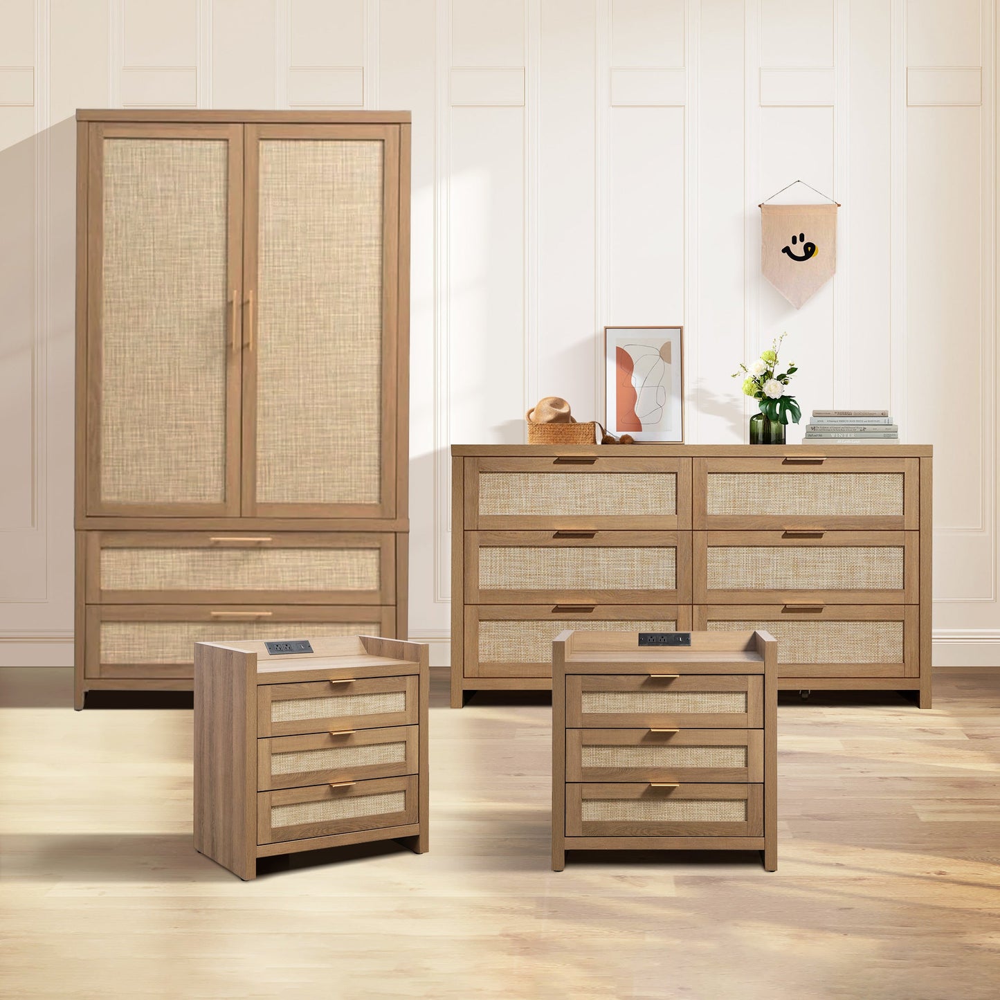 Ensemble commode 6 tiroirs, armoire et table de chevet 3 tiroirs Savanna 