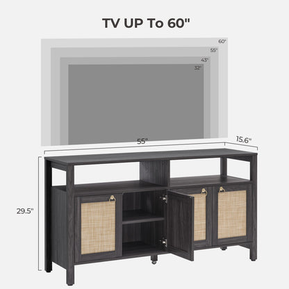 Meuble TV en rotin SICOTAS pour téléviseurs de 65 pouces, centre de divertissement de 29,5 pouces de hauteur avec 4 portes et étagères réglables, meuble console multimédia Boho avec rangement et étagères ouvertes pour salon, chêne blanc crème-WM 