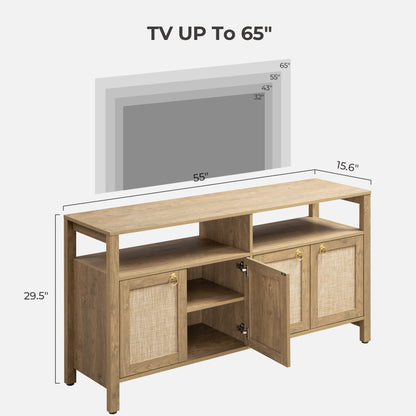 Meuble TV en rotin SICOTAS pour téléviseurs de 65 pouces, centre de divertissement de 29,5 pouces de hauteur avec 4 portes et étagères réglables, meuble console multimédia Boho avec rangement et étagères ouvertes pour salon, chêne blanc crème-WM 
