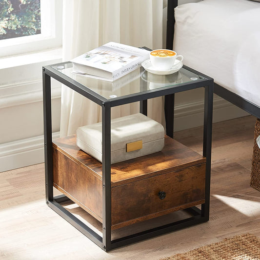 Table d'appoint avec tiroir, plateau en verre trempé