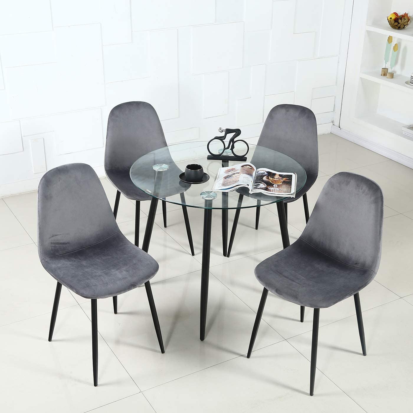 Chaises de salle à manger en velours gris 4 pièces