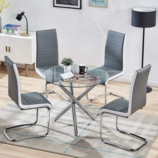 Ensemble de 5 tables à manger - Table ronde en verre et 4 chaises