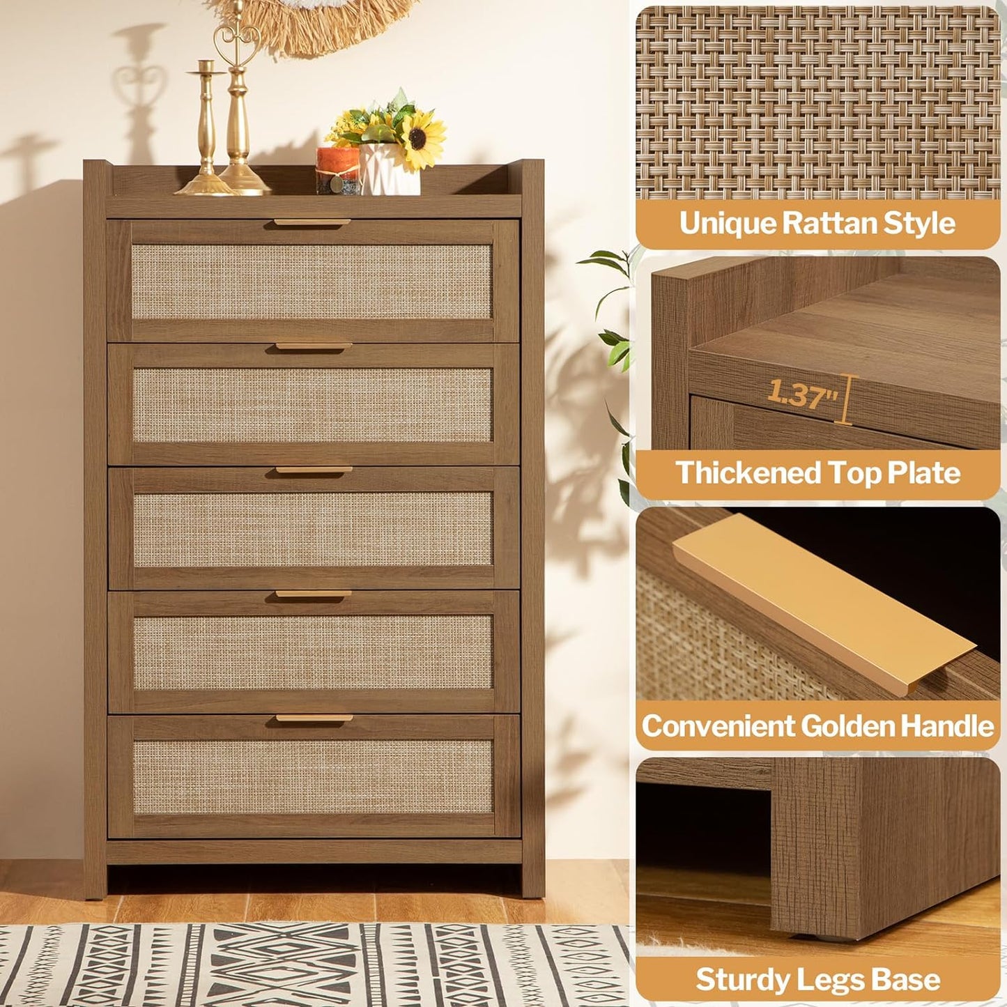 Commode en rotin Savanna, 5 tiroirs 