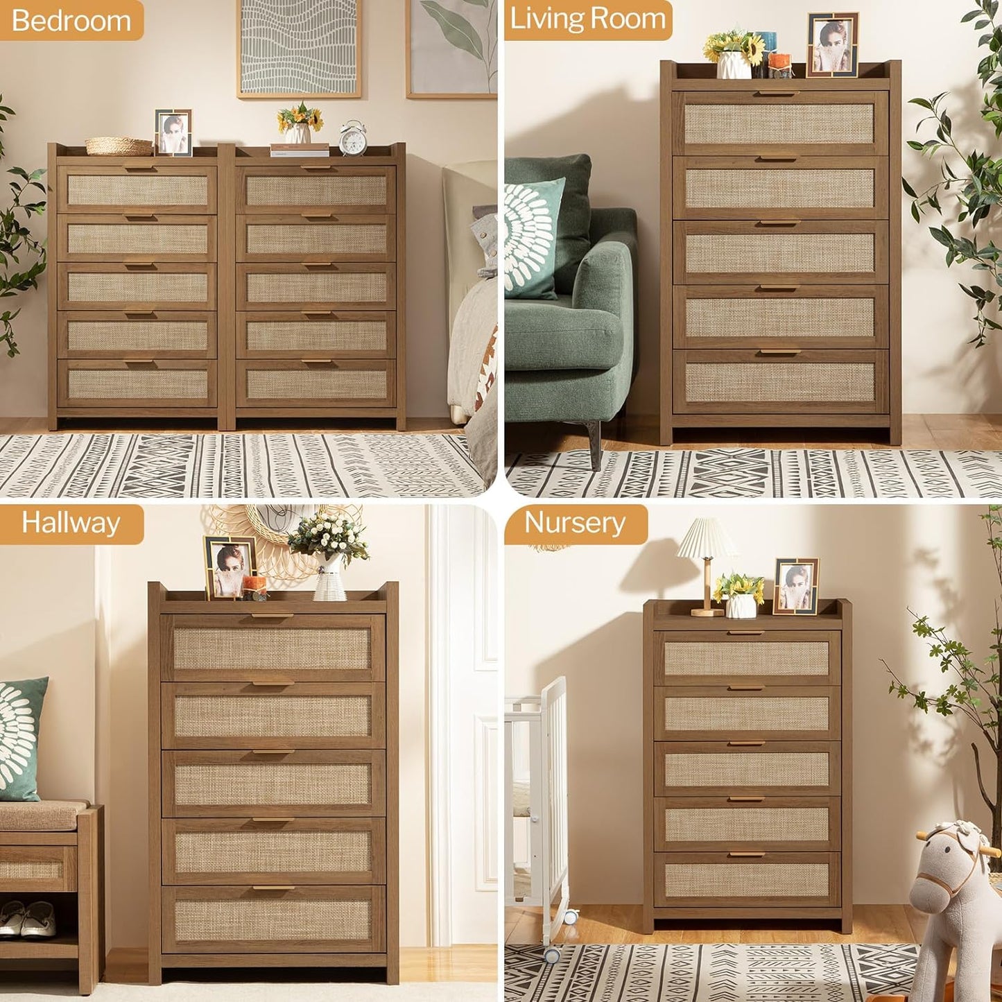 Commode en rotin Savanna, 5 tiroirs 