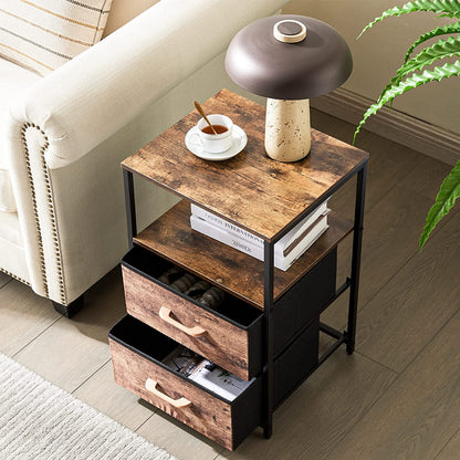 Table d'appoint avec 2 tiroirs en tissu et étagère