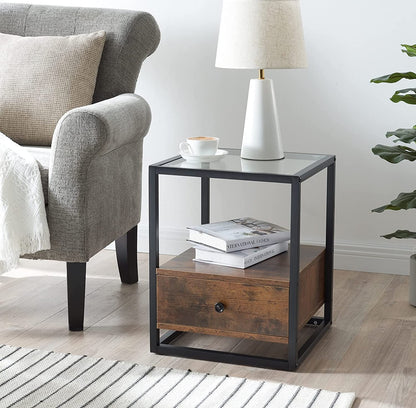 Table d'appoint avec tiroir, plateau en verre trempé