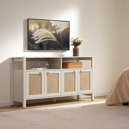 Meuble TV en rotin SICOTAS pour téléviseurs de 65 pouces, centre de divertissement de 29,5 pouces de hauteur avec 4 portes et étagères réglables, meuble console multimédia Boho avec rangement et étagères ouvertes pour salon, chêne blanc crème-WM 