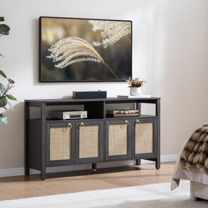 Meuble TV en rotin SICOTAS pour téléviseurs de 65 pouces, centre de divertissement de 29,5 pouces de hauteur avec 4 portes et étagères réglables, meuble console multimédia Boho avec rangement et étagères ouvertes pour salon, chêne blanc crème-WM 