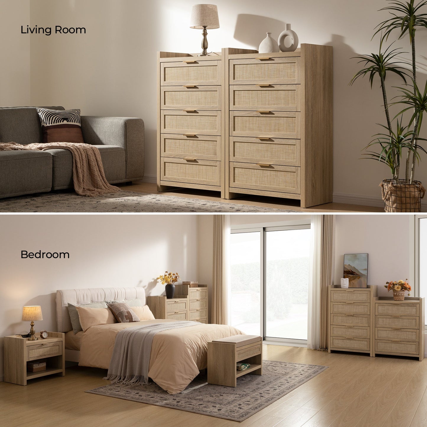 Commode en rotin Savanna, 5 tiroirs 