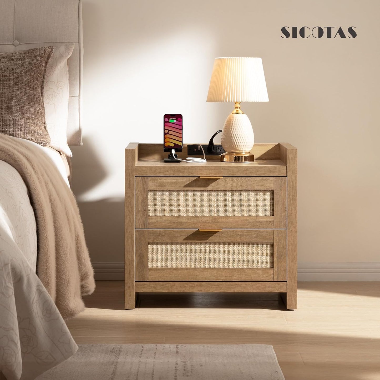 Ensemble coiffeuse, armoire et table de chevet à 2 tiroirs Savanna