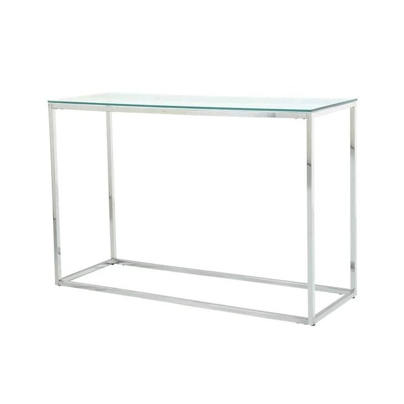Table d'entrée avec cadre en métal chromé et plateau en verre