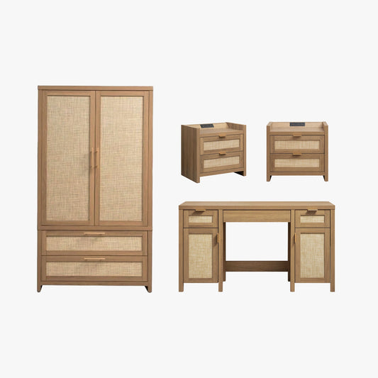 Ensemble coiffeuse, armoire et table de chevet à 2 tiroirs Savanna