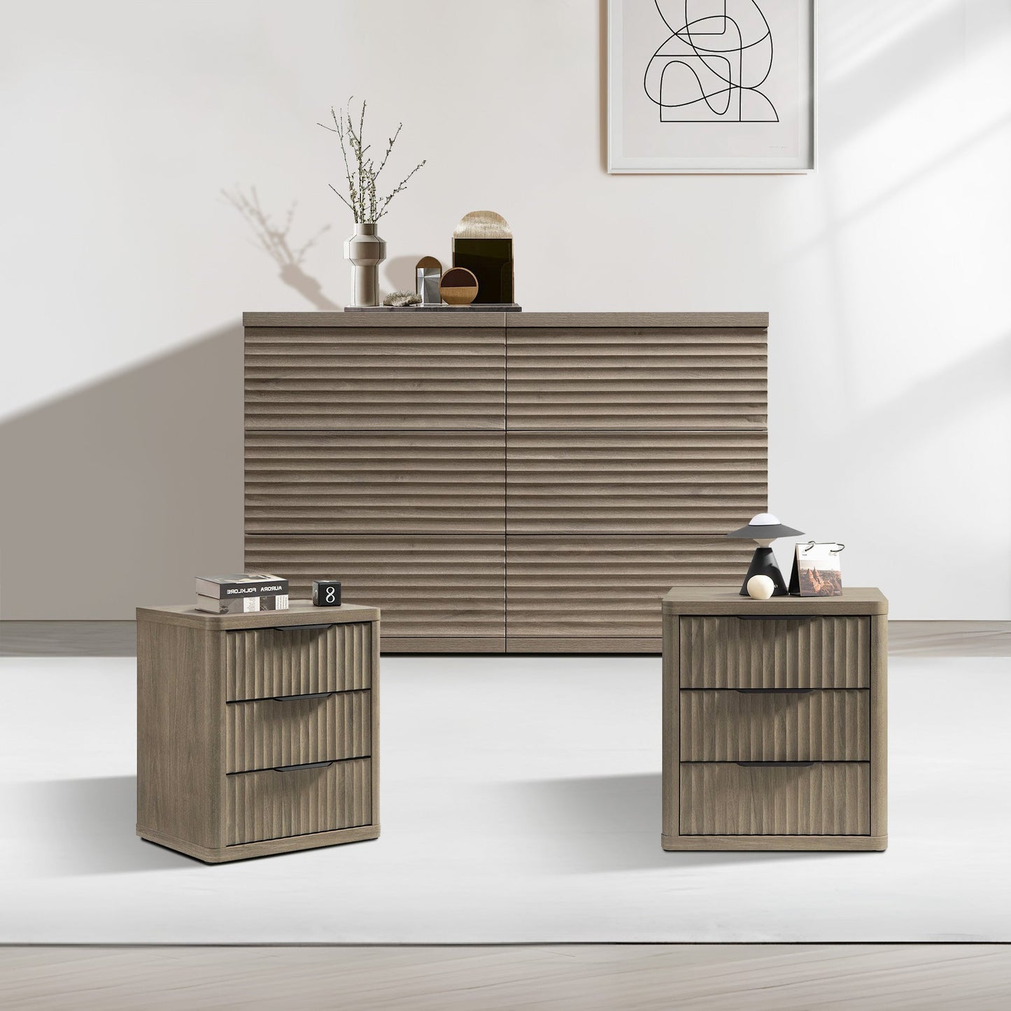 Ensemble commode Stria à 6 tiroirs et table de chevet Cas à 3 tiroirs 