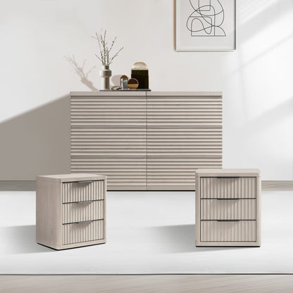 Ensemble commode Stria à 6 tiroirs et table de chevet Cas à 3 tiroirs 