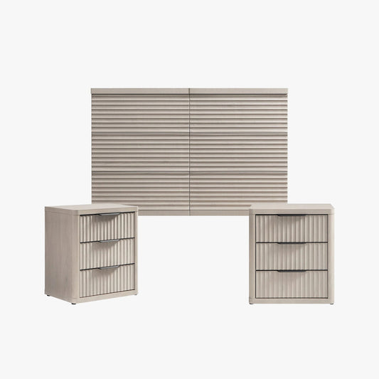 Ensemble commode Stria à 6 tiroirs et table de chevet Cas à 3 tiroirs 