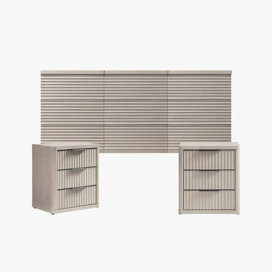 Ensemble commode Stria à 9 tiroirs et table de chevet Cas à 3 tiroirs 