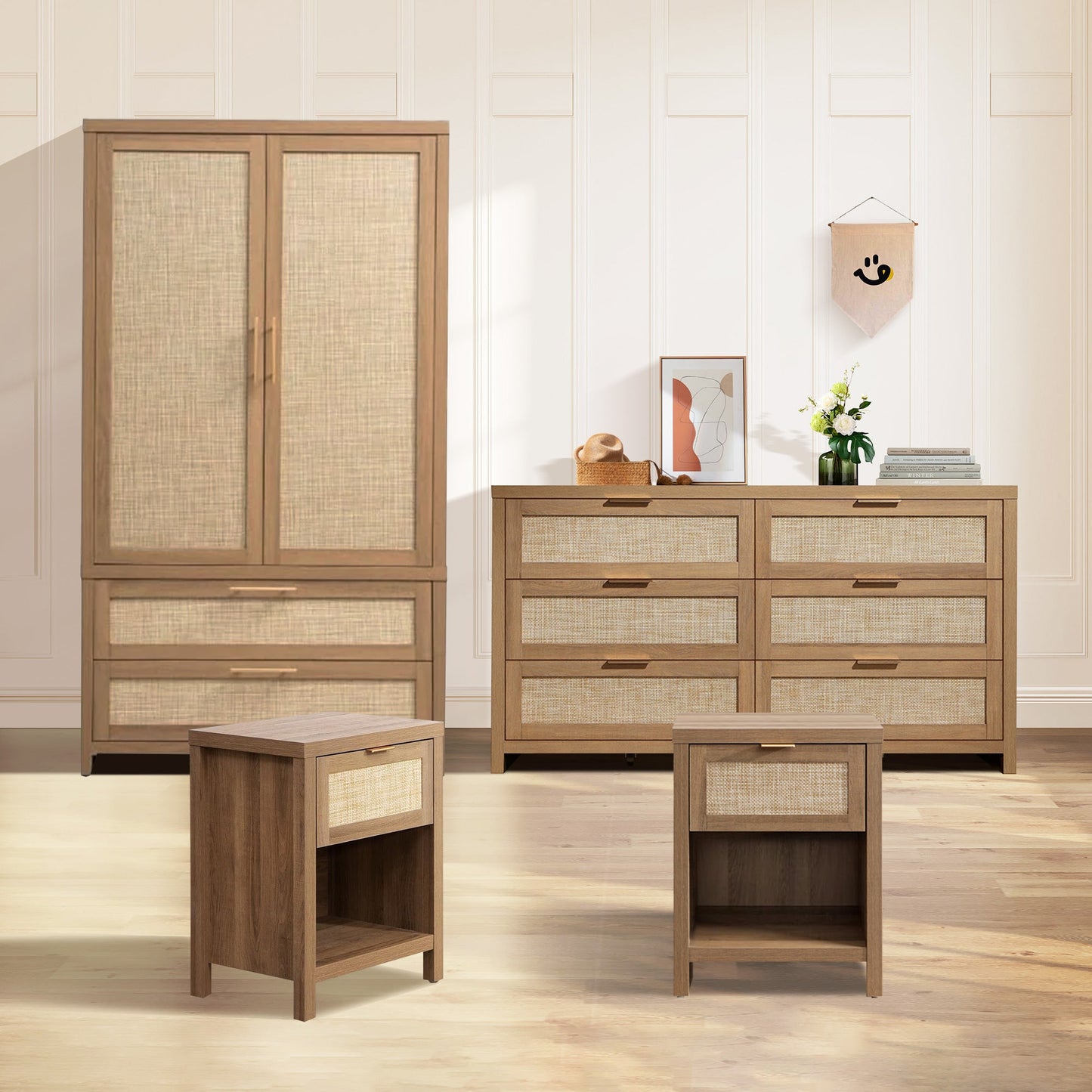 Ensemble commode, armoire et table de chevet Savanna à 6 tiroirs 