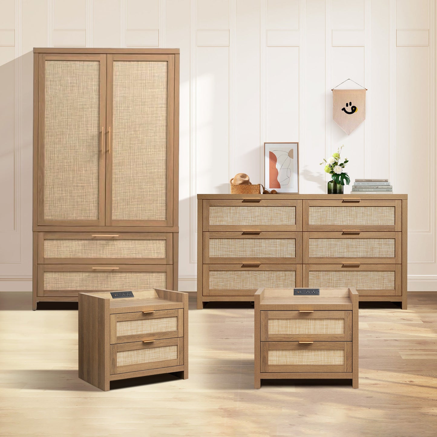Ensemble commode 6 tiroirs, armoire et table de chevet 2 tiroirs Savanna 