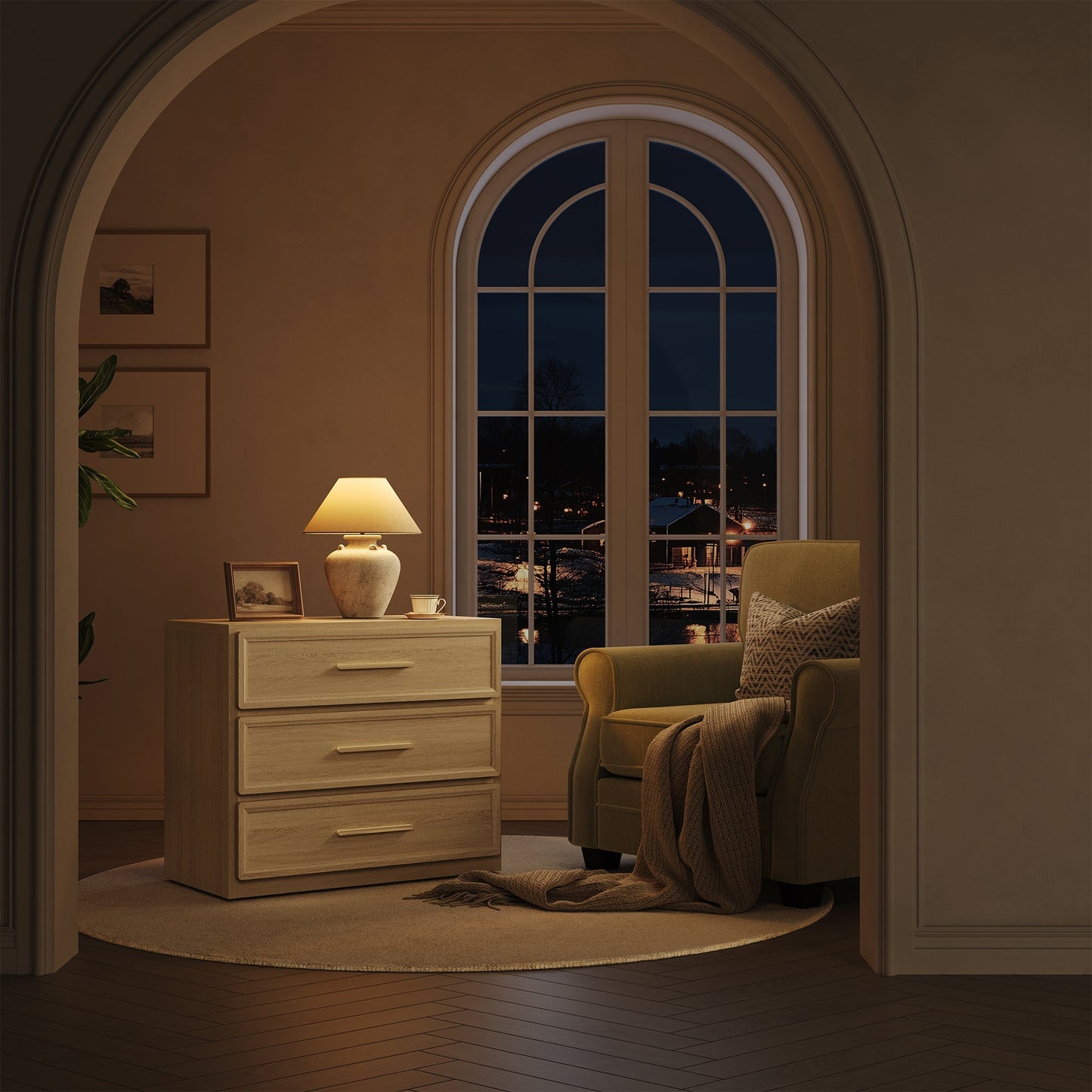 Table de chevet Crescent, 3 tiroirs 